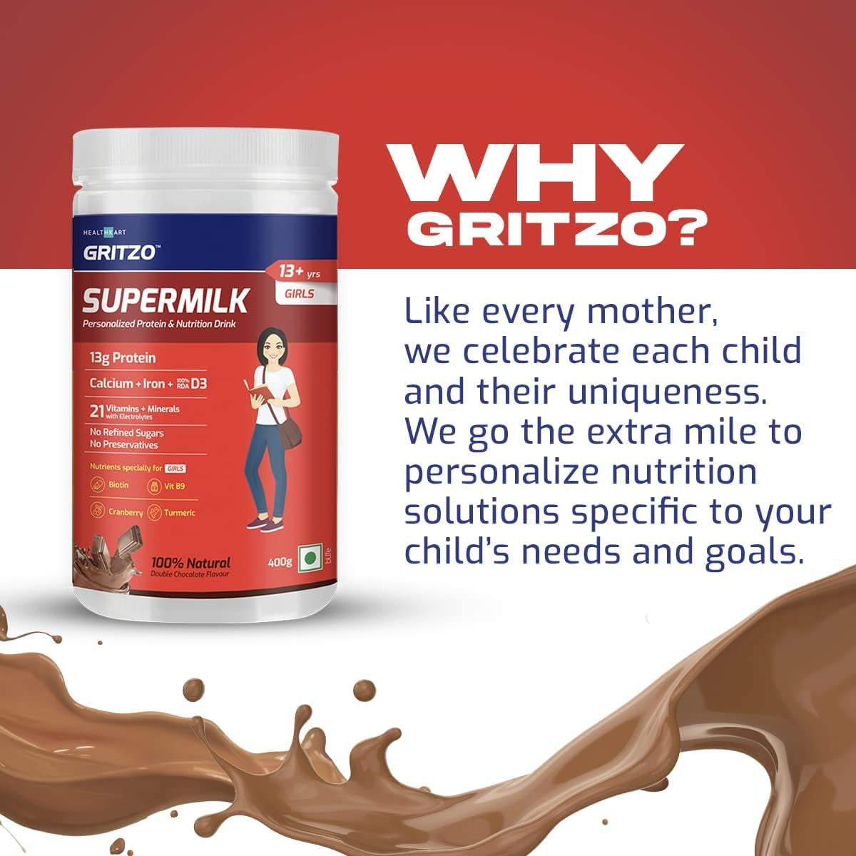 Goldy Supermilk 13+ Girls, Kids Nutrition & Health Drink, Protein Powder for Kids Growth & Sports, High Protein (13 G), Calcium + D3, 21 Nutrients, Natural Double Chocolate Flavour, 400 G