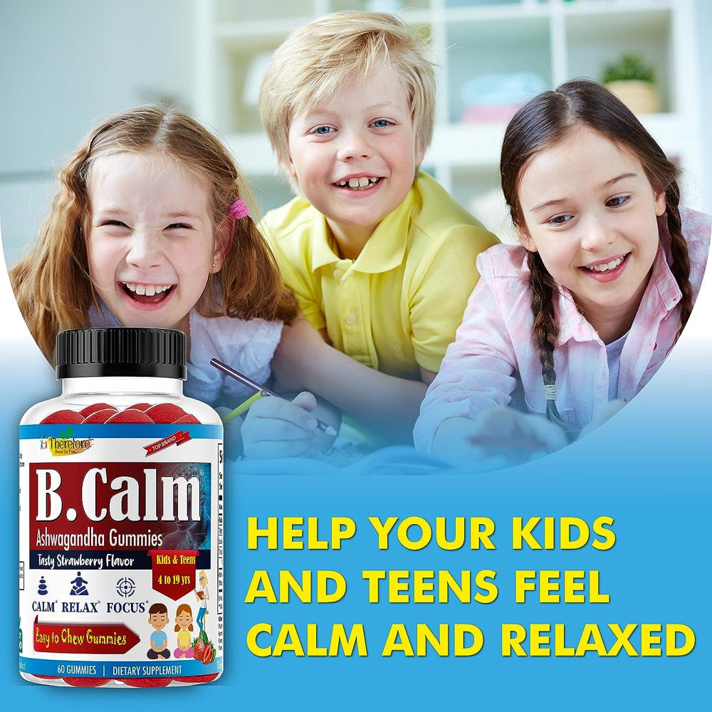 B.Calm Brain Focus Gummies for Kids with Ashwagandha Root Extract, Children Brain Supplement, Heart and Vision Support, Tasty Fruity Flavored 60Ct