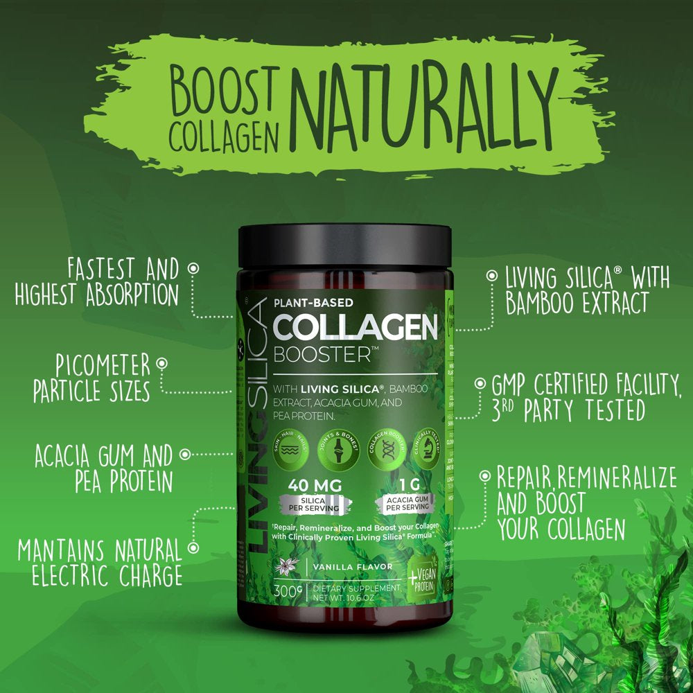 Living Silica Vegan Collagen Booster Powder | Plant Based Collagen Alternative Supplement | with Prebiotic Fiber and Bamboo Extract | Vanilla Flavor | (300 G / 33 Servings).