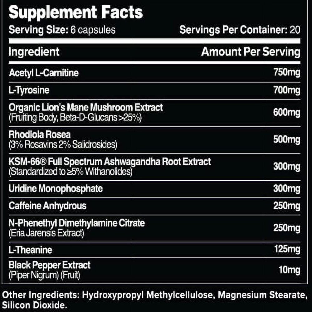 Leviathan Zenith Premium Nootropic Brain Supplement for Concentration, Brain Support for Energy, Memory and Focus - Lions Mane Mushroom, Ashwagandha - 120 Capsules