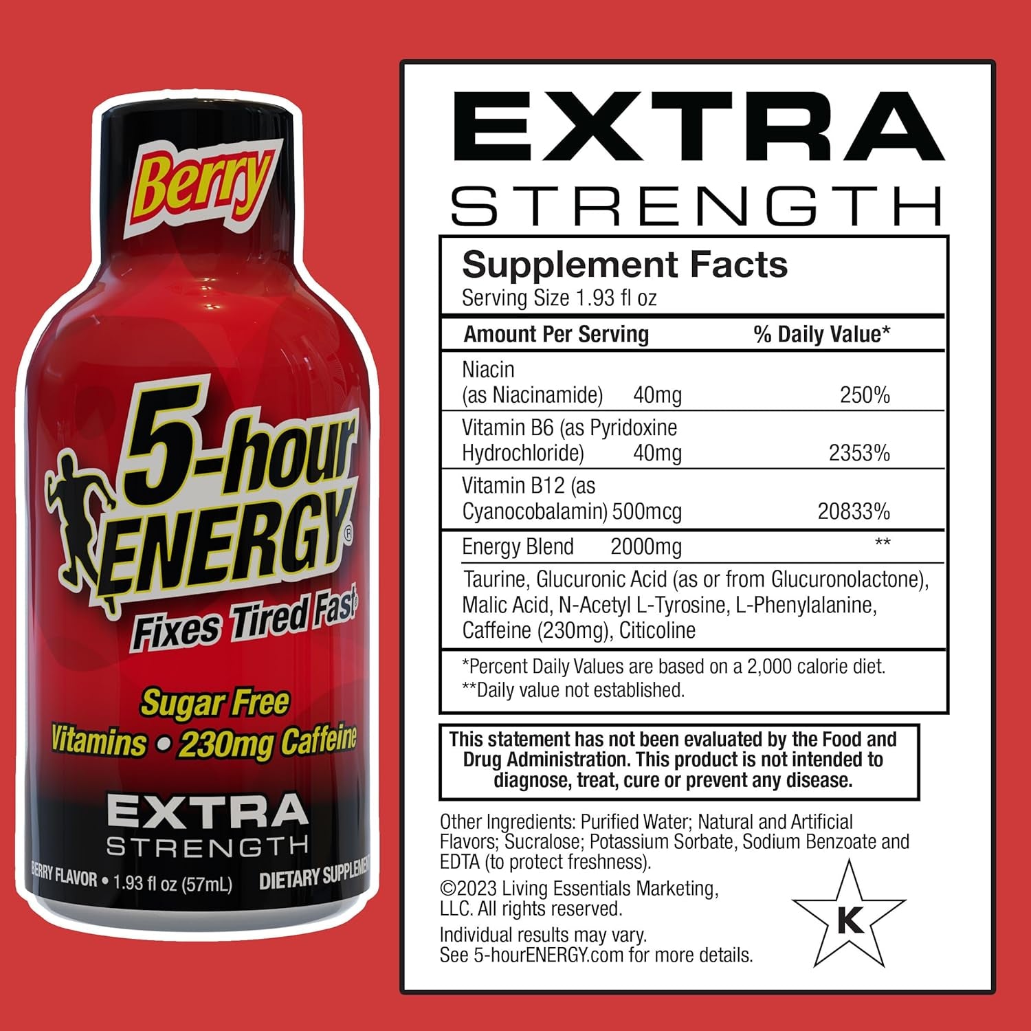 5-Hour ENERGY Extra Strength Energy Shot | Berry Flavor | 1.93 Oz. | 24 Count | Sugar-Free & Zero Calories | B-Vitamins & Amino Acids | 230Mg Caffeinated Energy Shot | Dietary Supplement