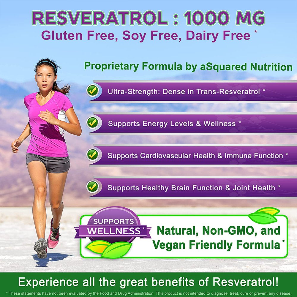 100% Natural Resveratrol - 1000Mg per Serving Max Strength (180 Capsules) Antioxidant Supplement, Trans-Resveratrol Pills for Heart Health & Pure Weight Loss, Trans Resveratrol for Anti-Aging