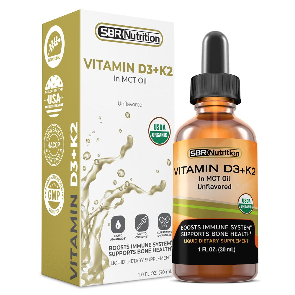 USDA Organic Vitamin D3 + K2 (MK-7) Sublingual Liquid Drops with MCT Oil | Naturally Unflavored | Helps Support Strong Bones and Healthy Heart, Boost Immune System