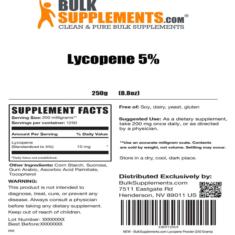 Bulksupplements.Com Lycopene Powder, 200Mg - Supports Oral & Vision Health (250G - 1250 Servings)