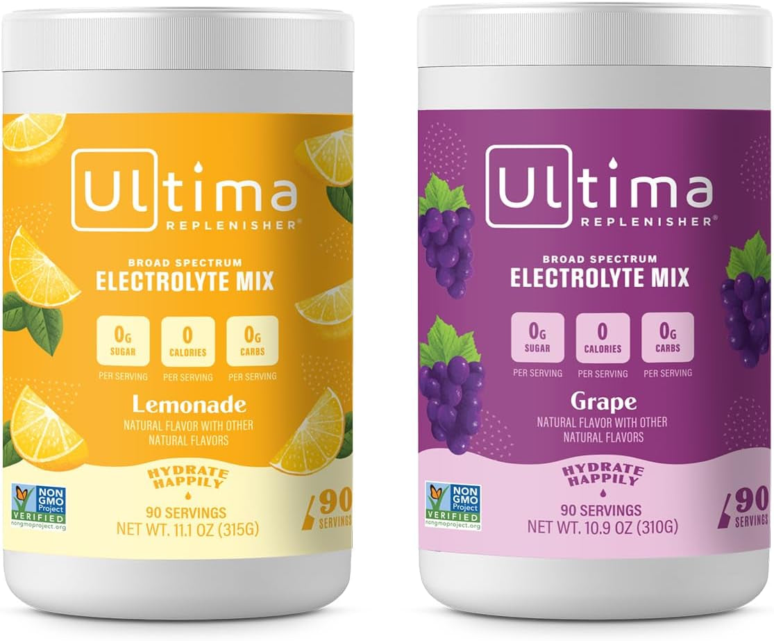 Ultima Replenisher Hydration Electrolyte Powder Bundle- Keto & Sugar Free- Feel Refreshed, Revitalized- Non GMO and Vegan Electrolyte Drink Mix- Lemonade and Grape, 90 Serving Canister