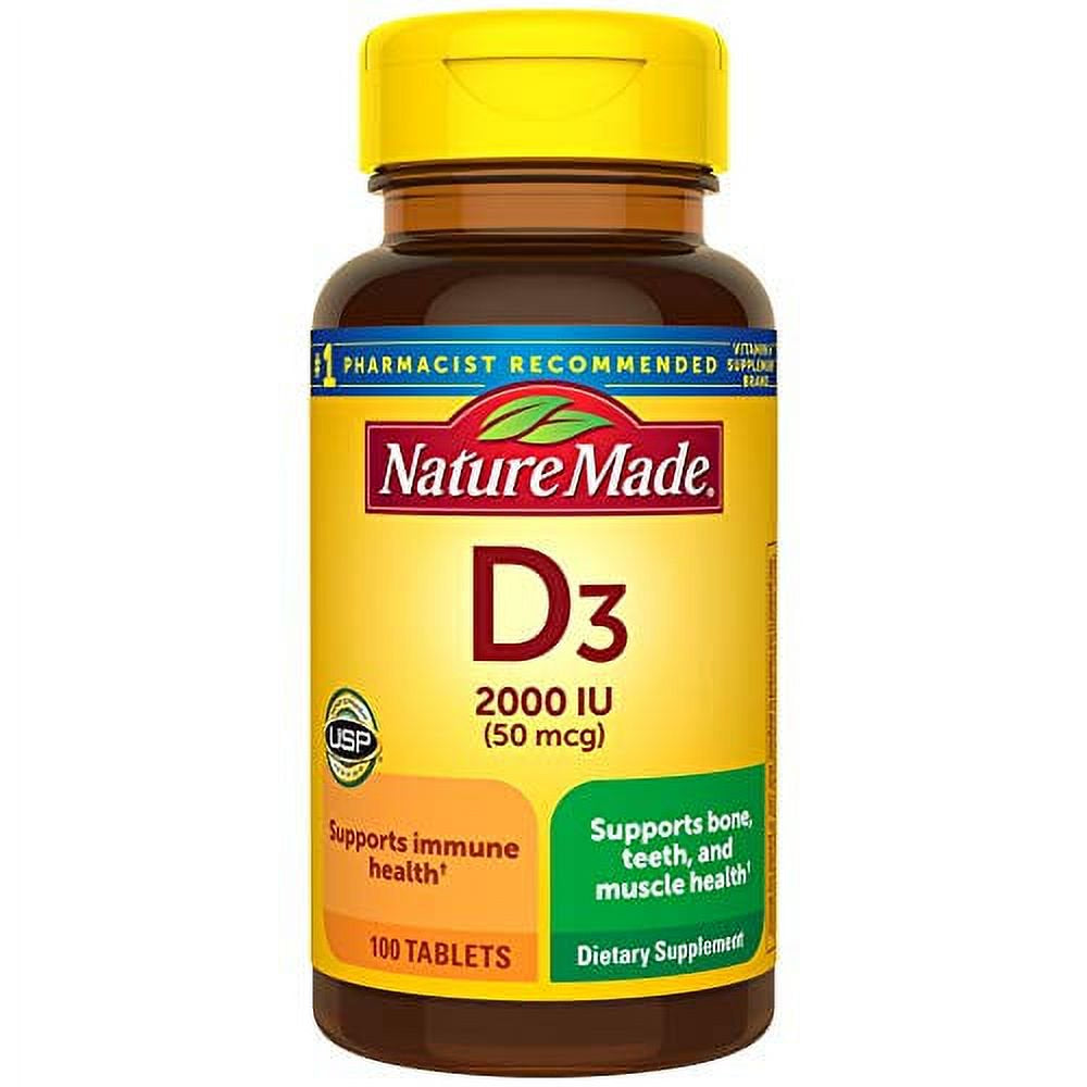 Nature Made Vitamin D3, 100 Tablets, Vitamin D 2000 IU (50 Mcg) Helps Support Immune Health, Strong Bones and Teeth, & Muscle Function, 250% of the Daily Value for Vitamin D in One Daily Tablet