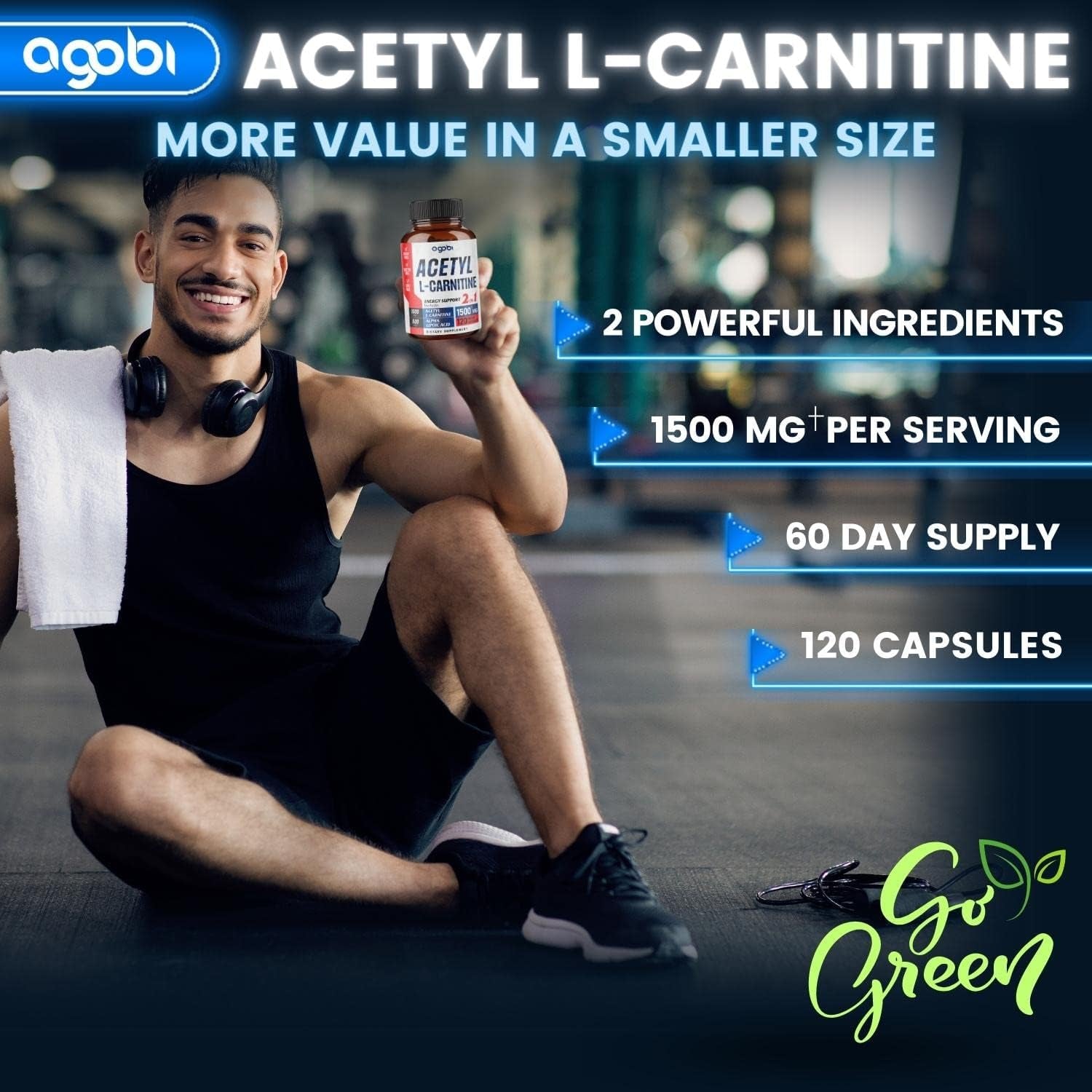 Agobi Acetyl L-Carnitine & Alpha Lipoic Acid Complex 1500Mg - Supplement for Brain Health, Memory, Focus & Mood Support - 120 Vegan Capsules for 2 Month Supply - Gluten-Free, Non-Gmo