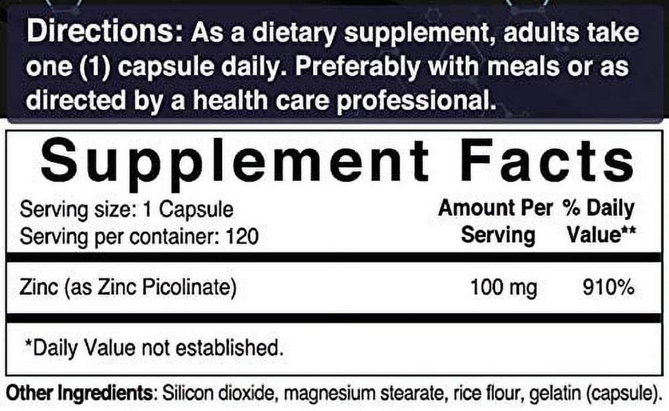 Maximum Strength Zinc 100Mg, Zinc Picolinate Supplement, 120 Capsules, Zinc Vitamin and Immune Vitamins for Enzyme Function and Immune Support, Non-Gmo and Made in USA