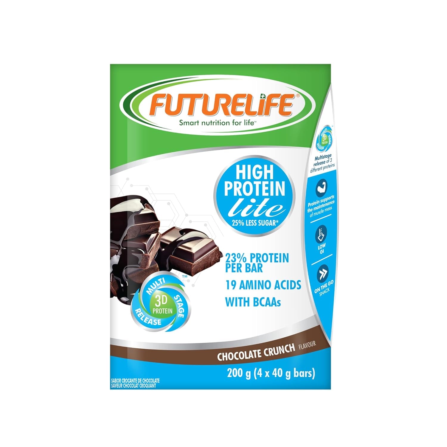 FUTURELIFE Smart Bars | High Protein & Lite Bar | 50G/1.76Oz a Bar | 25% Protein per Bar | 19 Amino Acids | Smart Release of Protein | 12.5G Protein per a Bar | Low GI | (Lite - Chocolate, 4)