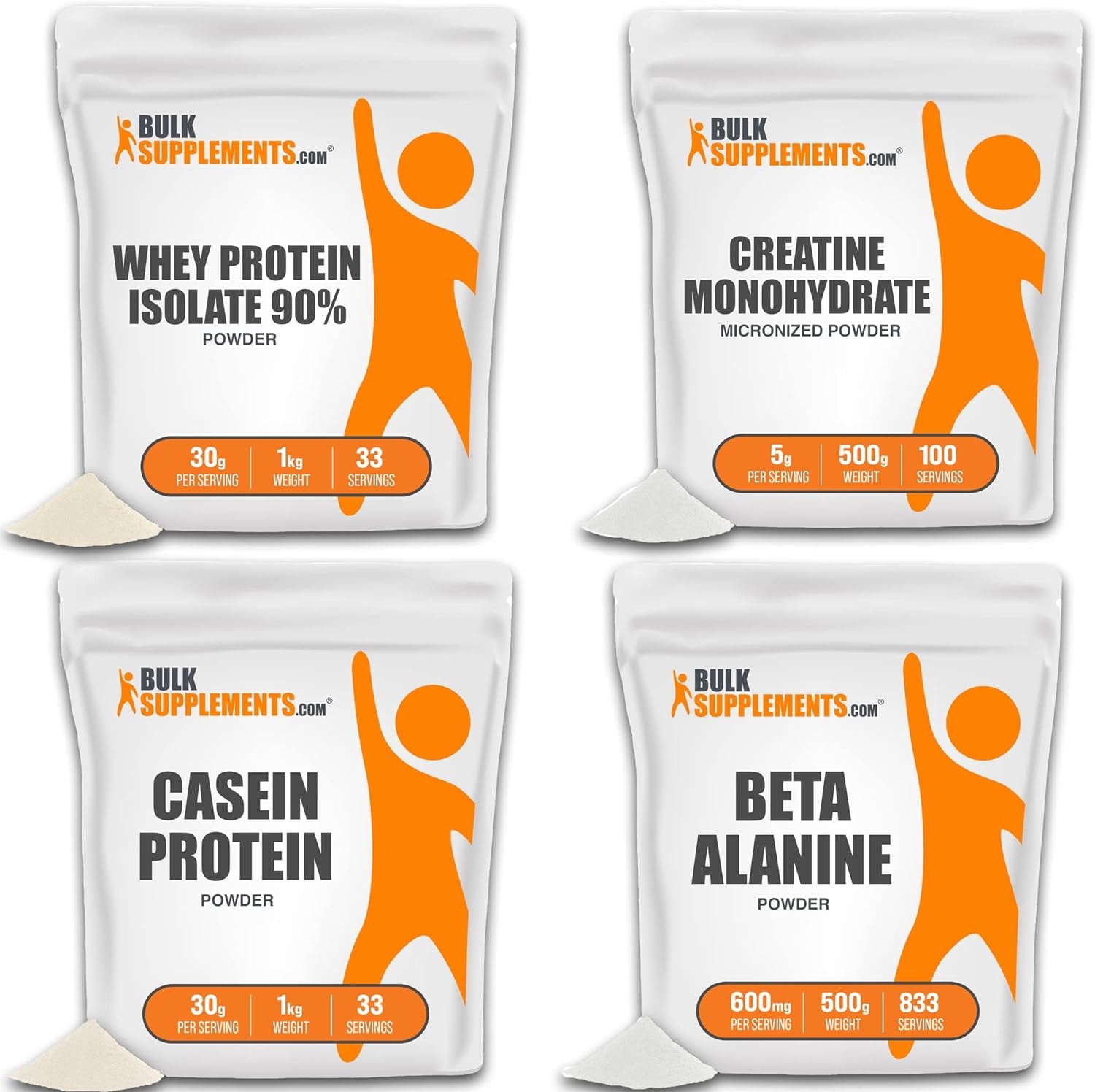 BULKSUPPLEMENTS.COM Whey Protein Isolate Powder 1KG, with Creatine Monohydrate Powder (Micronized Creatine) 500G, Casein Protein Powder 1KG & Beta Alanine Powder 500G Bundle