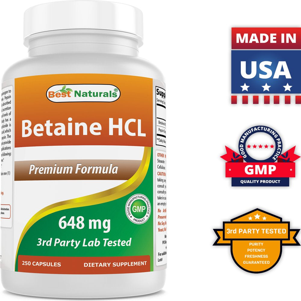 2 Pack Best Naturals Betaine HCL 648 Mg 250 Capsules