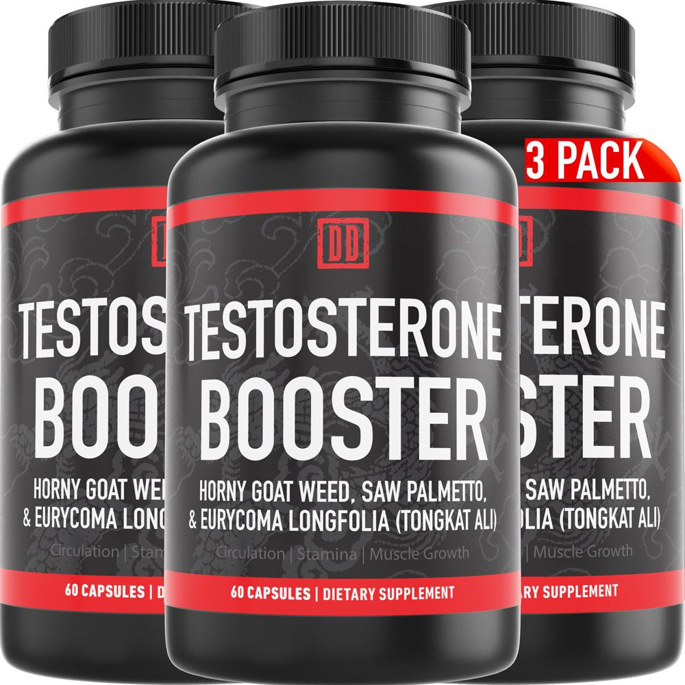 3 Pack, Testosterone Booster for Men - Extra Strength Horny Goat Weed, Saw Palmetto, & Tongkat Ali - Double Dragon Organics (180 Capsules Total)