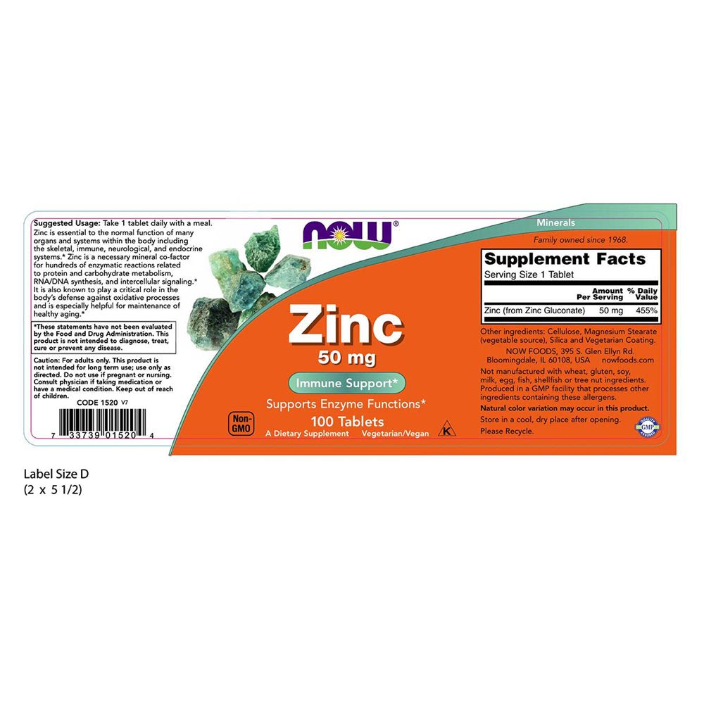 NOW Supplements, Zinc (Zinc Gluconate) 50 Mg, Supports Enzyme Functions*, Immune Support*, 100 Tablets