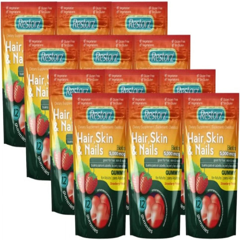Restorz Hair, Skin, and Nails Biotin Gummy Vitamins, Strawberry Flavor (12-Pack)