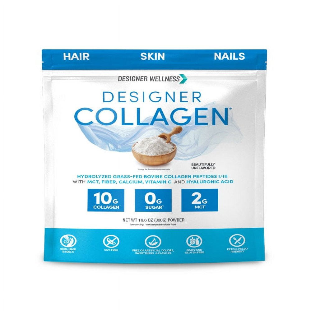 Designer Wellness, Designer Collagen Protein, Keto Hydrolyzed Grass-Fed Bovine Collagen Peptides I/III with MCT, Fiber, Calcium, Vitamin C and Hyaluronic Acid, Unflavored