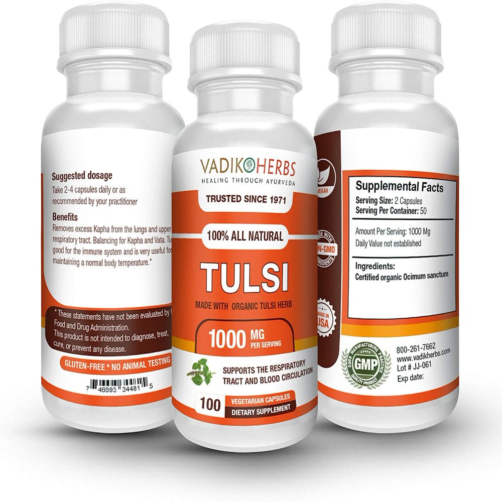 Vadik Herbs Tulsi (Holy Basil) Ultra Potency in a Pure Vegetarian Capsule. 1000 Mg/Dose. Supplement for Fighting Acne, Balances Hormones and Lowers Stress, Best Source of Vitamin K