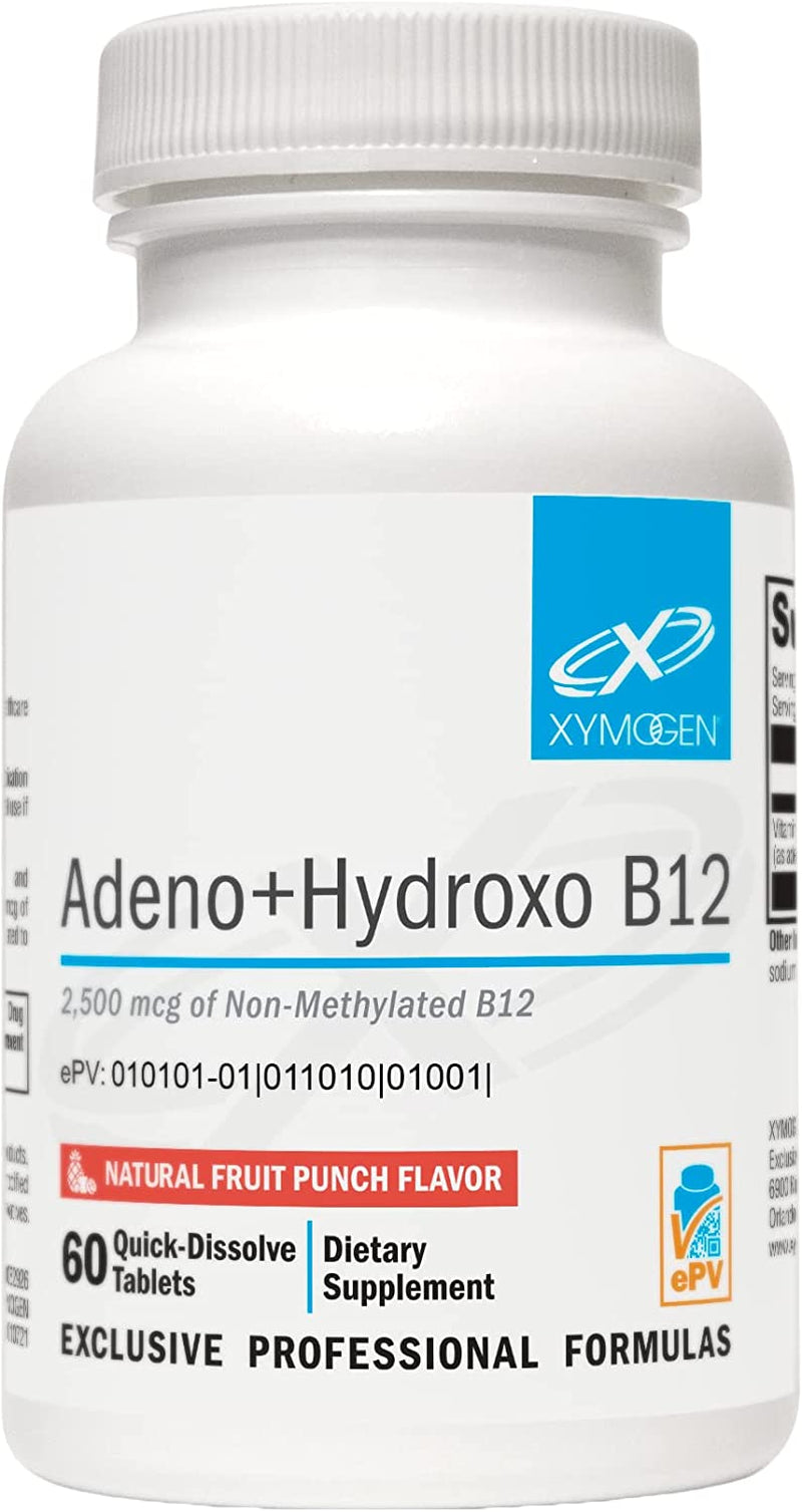 XYMOGEN Adeno+Hydroxo B12 - Non-Methylated B12 (2,500Mcg) - Quick-Dissolve B12 Lozenges with Adenosylcobalamin B12 + Hydroxocobalamin B12 - Cognitive Support, Fruit Punch Flavor (60 Tablets)