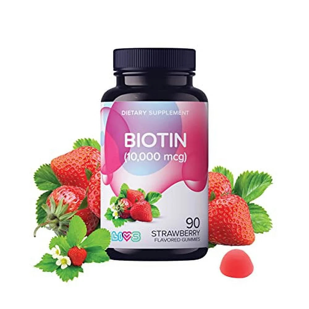 LIVS Biotin Gummies, Strawberry-Flavored Gummies, 10,000Mcg, 90 Count.