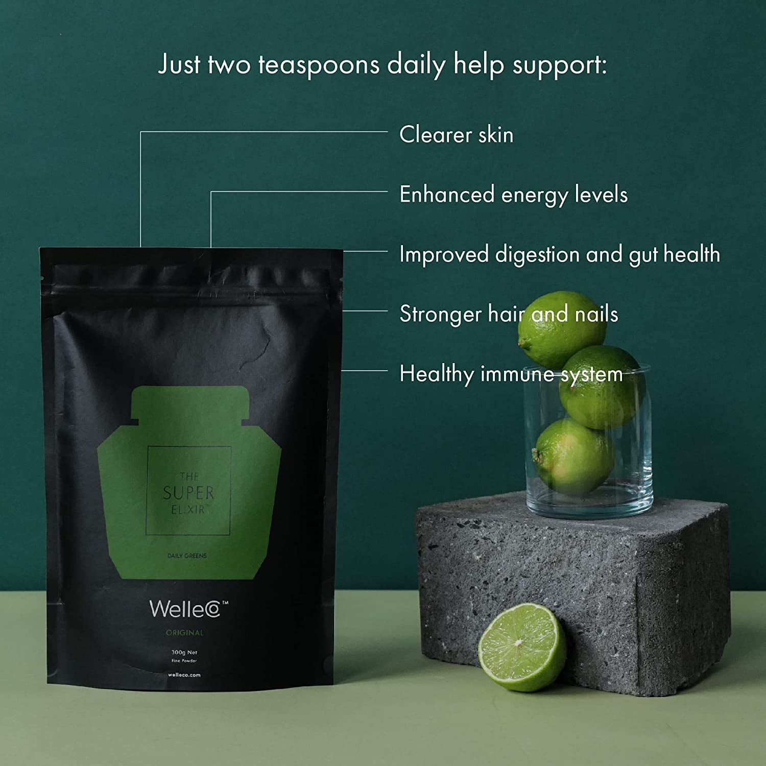 Welleco, Nourishing Protein Powder (Chocolate Flavour) + Super Elixir Daily Greens (Pineapple & Lime Flavour), Supports Muscle Recovery & Gut Health, 1Kg + 300G Pouch