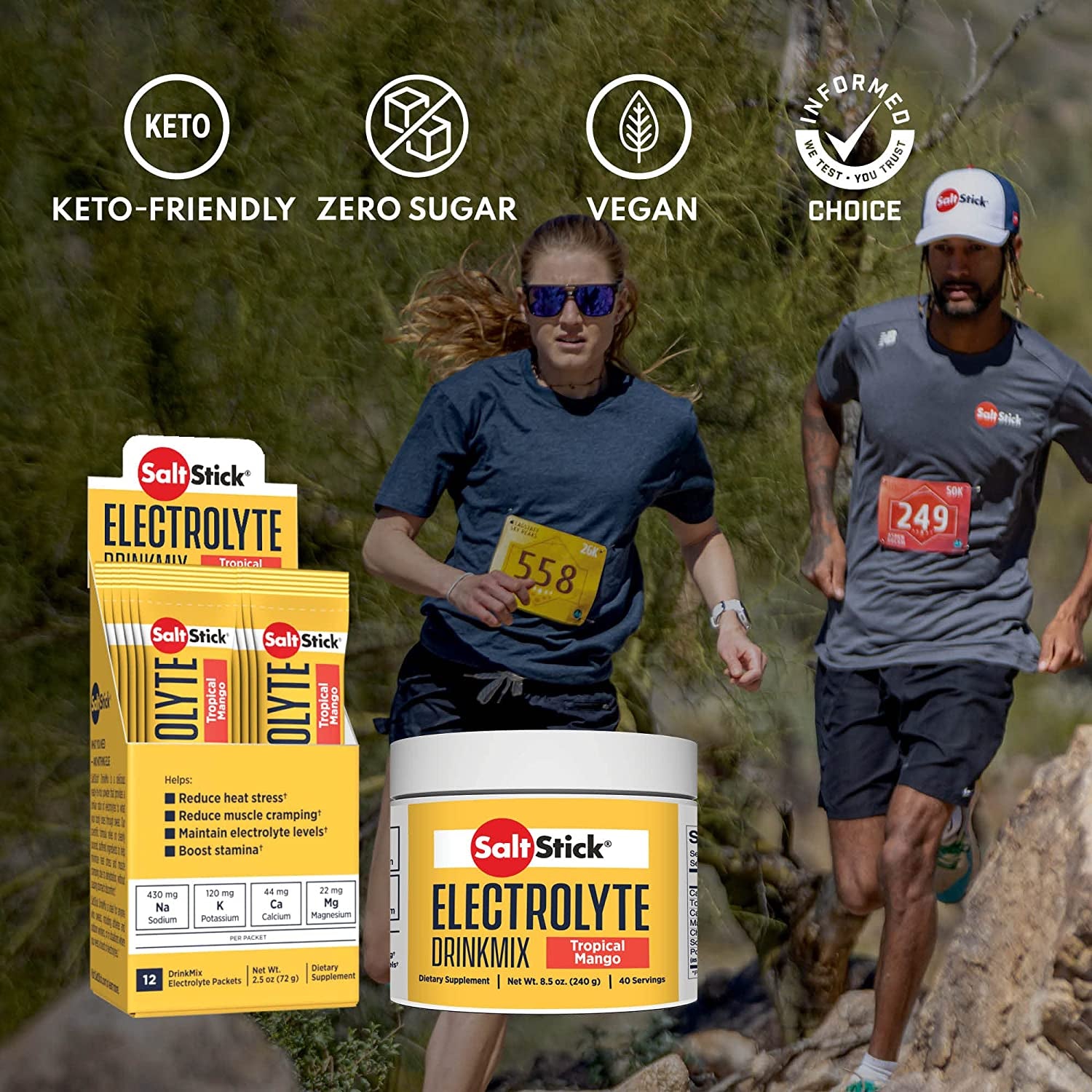 Saltstick Drinkmix Electrolyte Powder Sugar Free | Zero Sugar Electrolyte Drink Mix for Hydration | No Artificial Sweeteners | Tropical Mango | 40 Servings