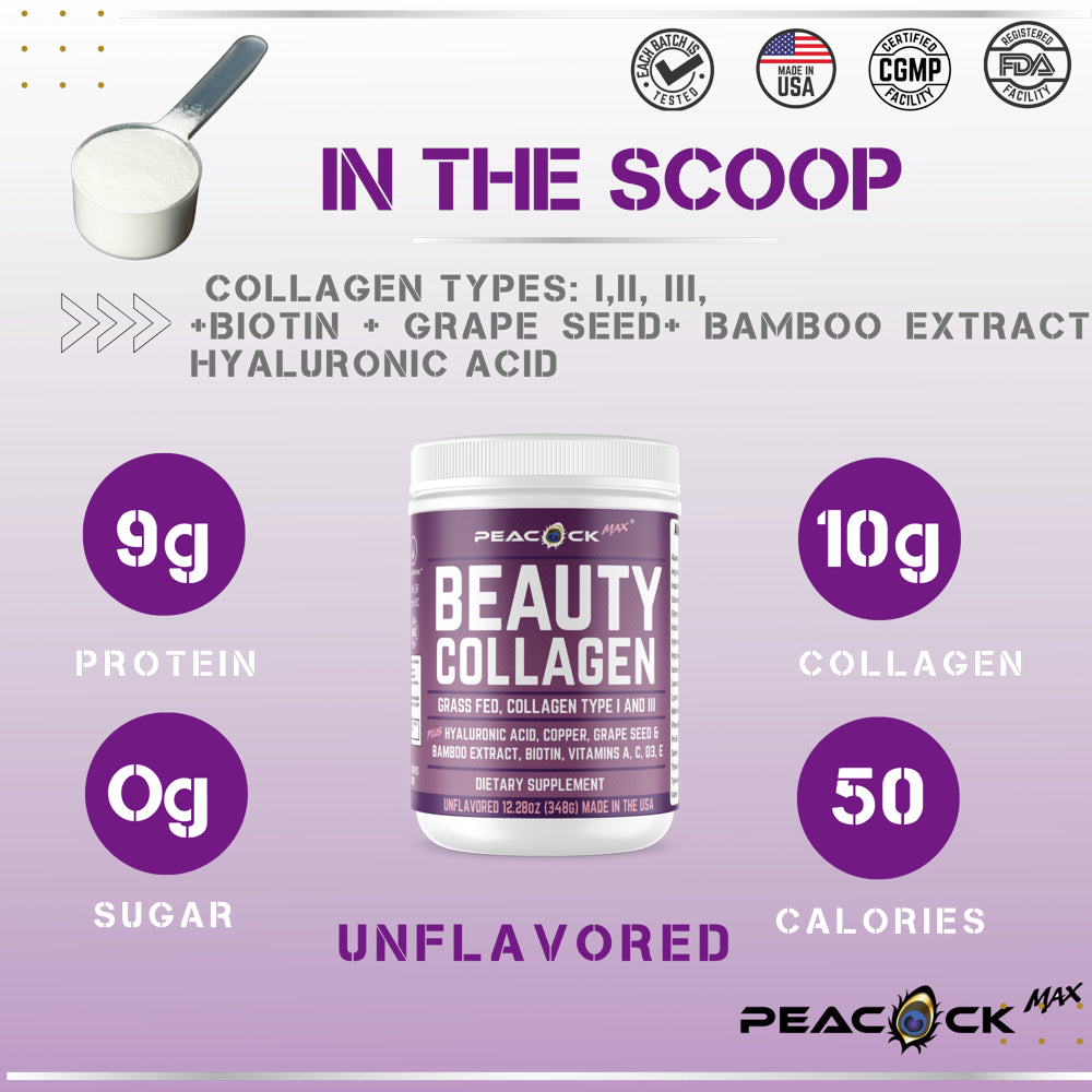 Beauty Collagen Protein Powder Hydrolyzed Type I, III Peptides Grass Fed Non-Gmo Hyaluronic Acid, Copper, Grape Seed, Bamboo Extract, Biotin Vitamin a C D3 E Unflavored Anti-Aging Skin Hair Nail 12Oz
