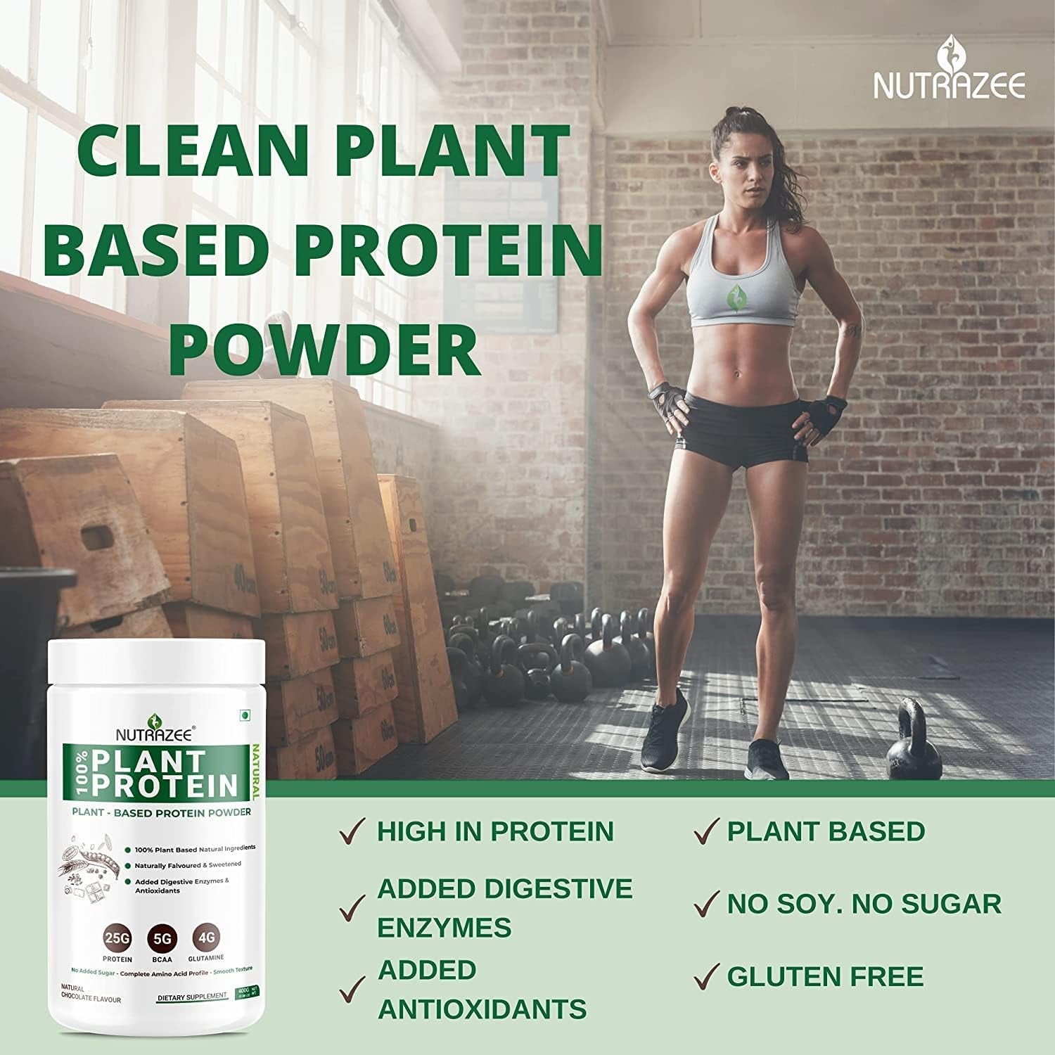 Gamium 100% Plant Protein Powder Vegan - for Men & Women, Natural Chocolate Flavour, Gluten & Lactose Free, Added Digestive Enzymes & Antioxidants (400 G, 11 Servings)