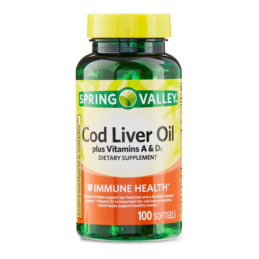 Spring Valley Cod Liver Oil plus Vitamins a & D3 Immune Health Dietary Supplement Softgels, 100 Count