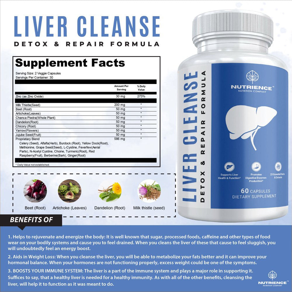 Liver Cleanse Detox & Repair Formula - Natural Liver Detox with Milk Thistle, Beet Root, Artichoke, and Dandelion Extract - Complete Liver Support 30-Day Cleanse - 60 Capsules