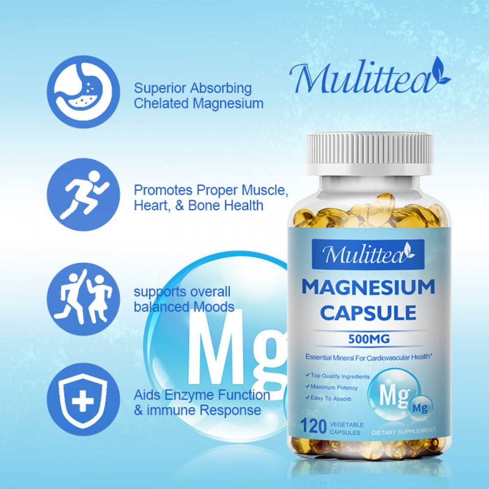Mulittea Magnesium Capsules 500Mg Supports Muscle, Joint and Heart Health, Maximum Absorption Magnesium (Glycinate) Supplements, 120 Capsules