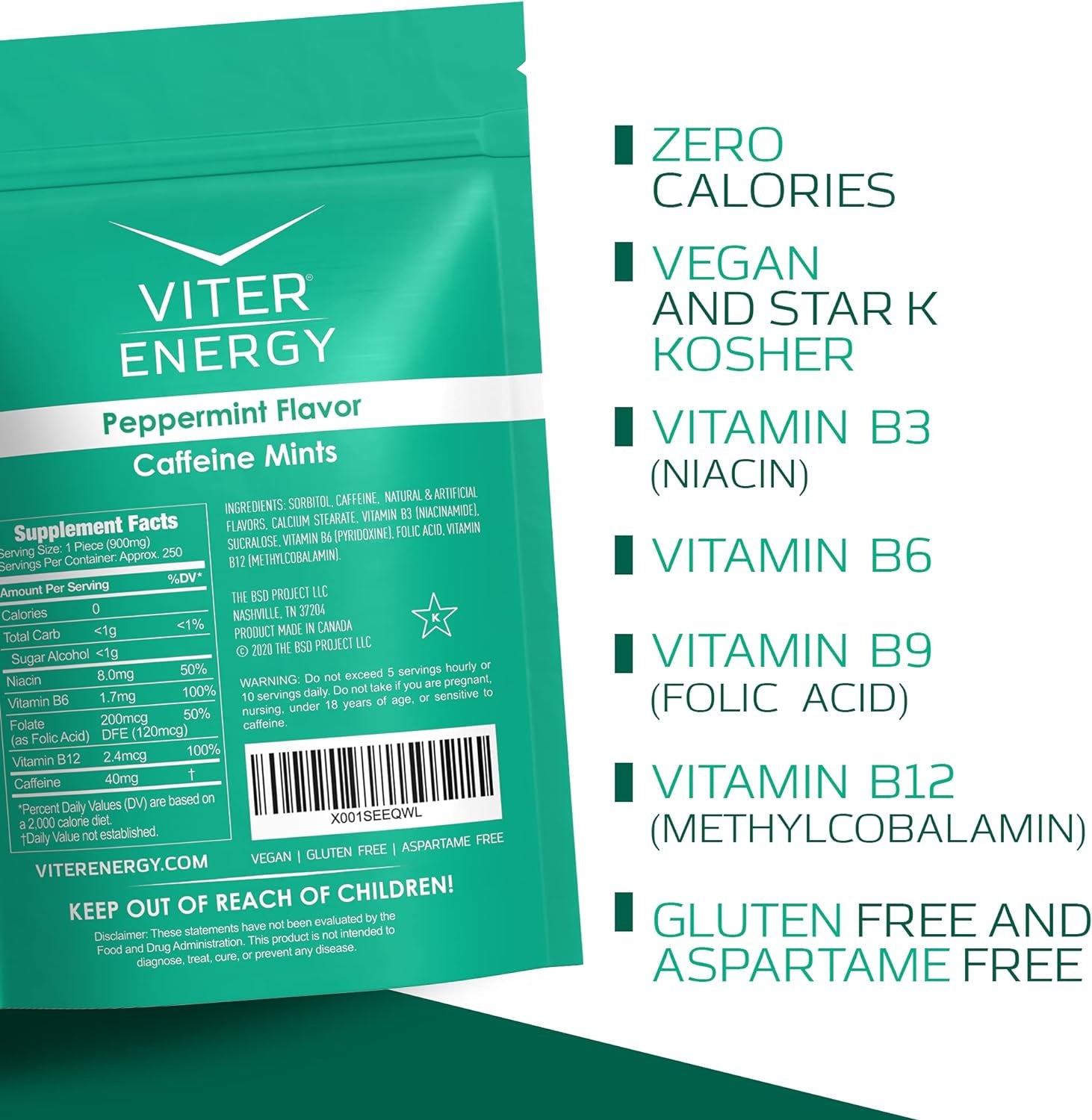 Viter Energy Original Caffeine Mints Peppermint Flavor 6 Pack and 1/2 Pound Bulk Bag Bundle - 40Mg Caffeine, B Vitamins, Sugar Free, Vegan, Powerful Energy Booster for Focus and Alertness