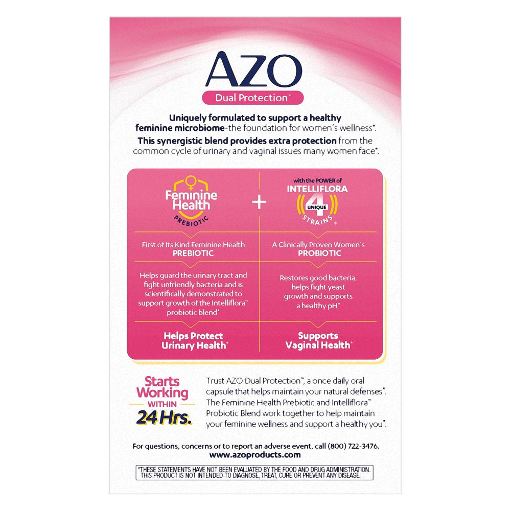 AZO Dual Protection™, Urinary + Vaginal Support*, Women'S Prebiotic and Clinically-Proven Probiotic, 30 Count