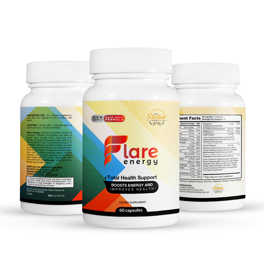 5 Pack Flare Energy, Total Health Support and Boosts Energy-60 Capsules X5