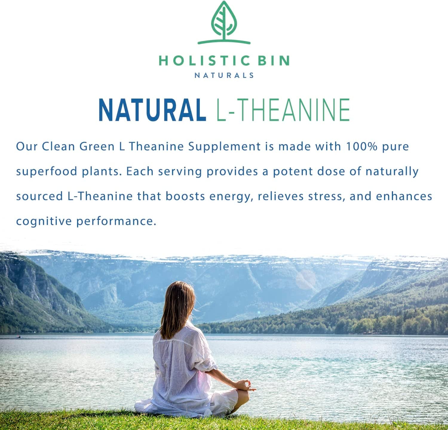 Holistic Bin Clean Green L Theanine Supplement Nootropic Blend of L-Theanine, Ceremonial Grade Matcha Green Tea Powder, Japanese Ashitaba Tea, Moringa & American Ginseng Root (30 Day Supply)