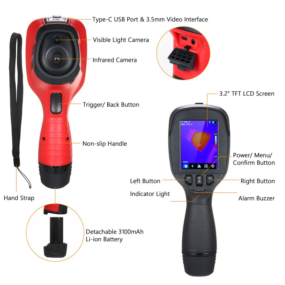 Walmeck DALI Professional IR Thermal Imager 160X120 Infrared Thermal Imaging Camera 3.2-Inch LCD Screen Rechargeable Handheld Temperature Auto Tracking Free Focus Thermal Imager with 16GB Memory, 4