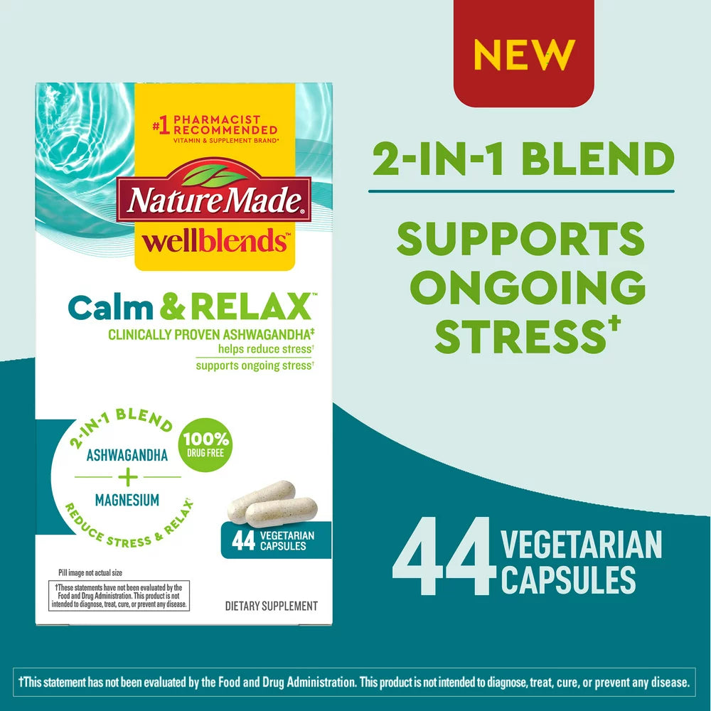 Nature Made Wellblends Calm & Relax Vegetarian Capsules, Ashwagandha, Magnesium, 44 Count