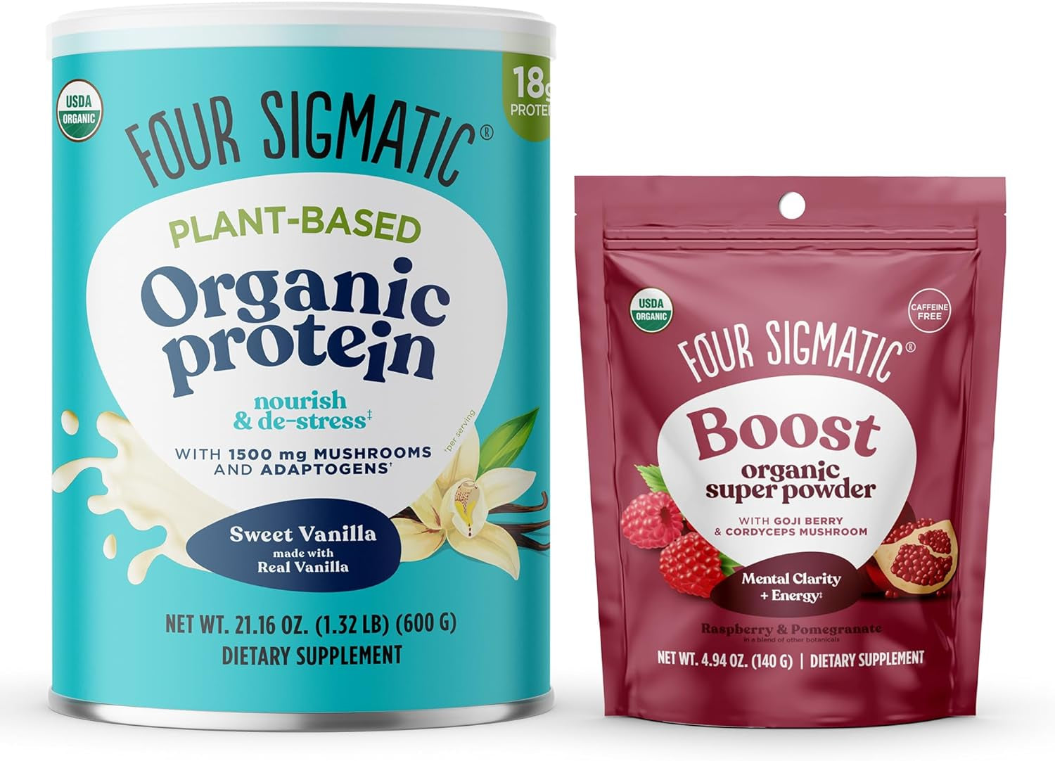 Four Sigmatic Plant Based Vanilla Protein + Perform Super Powder Workout Bundle Clean Vegan Protein for Brain Function and Immune Support | Superfood Powder with Adaptogens & Antioxidants