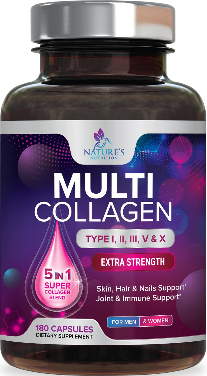 Multi Collagen Complex Pills - Type I, II, III, V, X, Grass Fed & Non-Gmo Hydrolyzed Collagen Peptides Supplement - Supports Hair, Nails, Skin & Joint Health, Gluten-Free, Paleo & Keto - 180 Capsules