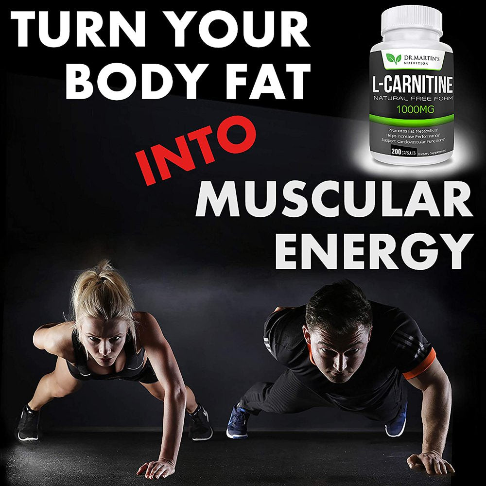 1000Mg L-Carnitine 200 Capsules Boost Metabolism & Increase Performance