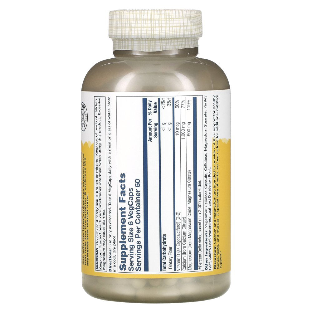 Solaray Calcium Magnesium Citrate 2:1 Ratio with Vitamin D2, Healthy Bone, Muscle & Nerve Support, 60 Serv, 360 Vegcaps