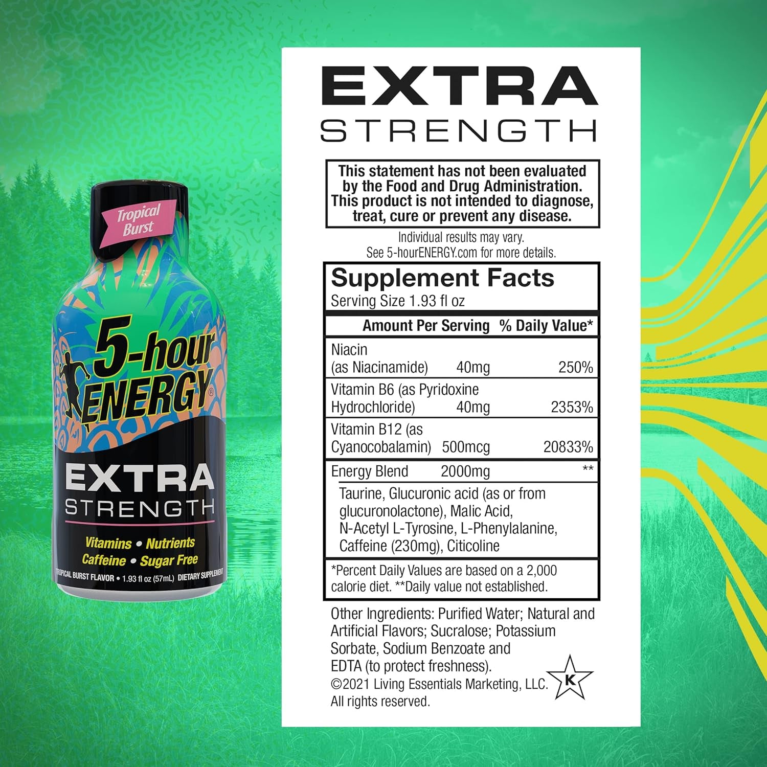 5-Hour ENERGY Shots Extra Strength | Tropical Burst Flavor | 1.93 Oz. 30 Count | Sugar Free 4 Calories | Amino Acids and Essential B Vitamins | Dietary Supplement | Feel Alert and Energized