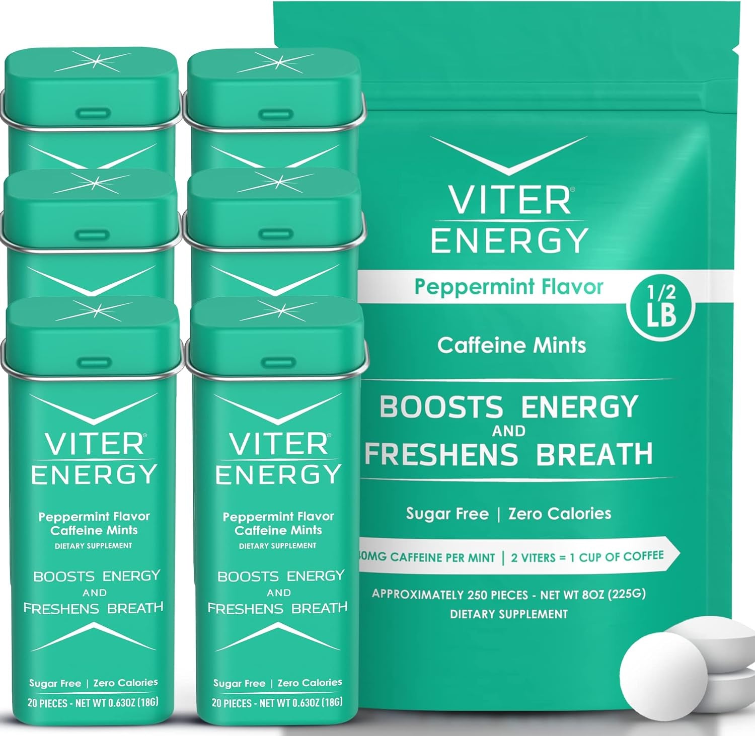 Viter Energy Original Caffeine Mints Peppermint Flavor 6 Pack and 1/2 Pound Bulk Bag Bundle - 40Mg Caffeine, B Vitamins, Sugar Free, Vegan, Powerful Energy Booster for Focus and Alertness