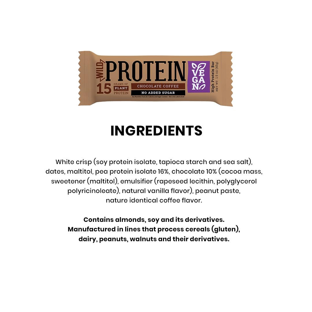 Wild Protein | High Protein Bars | Plant-Based | Chocolate Coffee | 16 Units | 15 G of Protein | No Added Sugars or Fat | 45 G per Bar