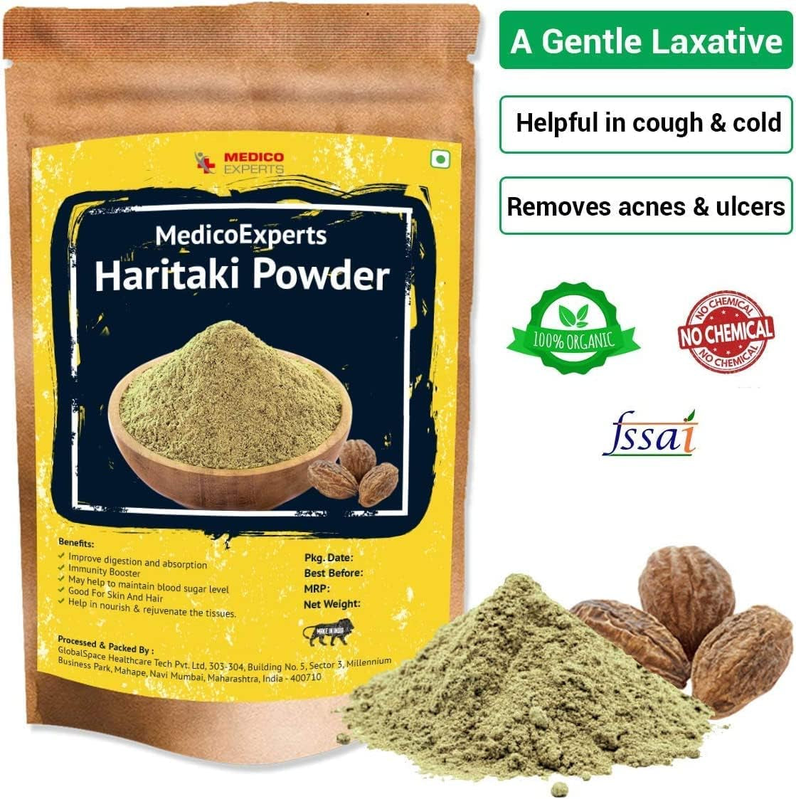 CROW Haritaki Powder Organic - 400 GMS | 100% Pure Harde Powder | Kadukkai Powder | Harad Powder | Inknut Powder for Dark Circles, Face, Skin & Healthy Digestion