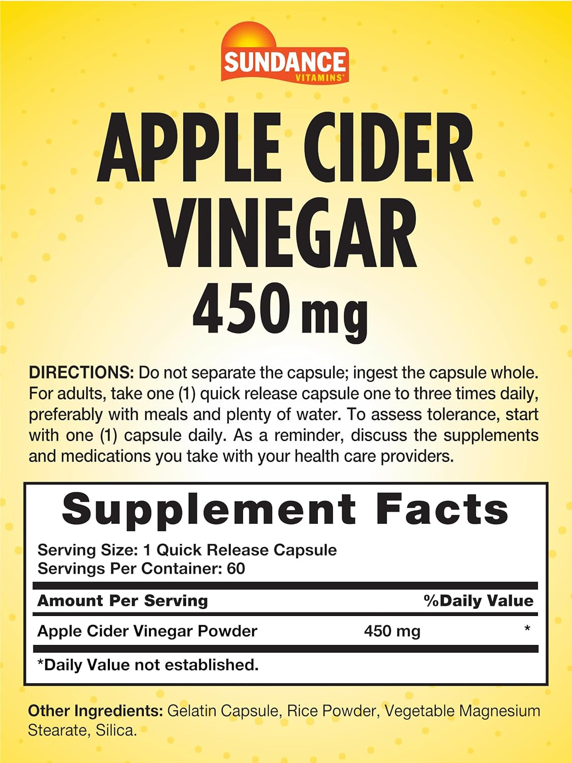 Sundance Apple Cider Vinegar Capsules | 60 Count | Non-Gmo and Gluten Free Supplement