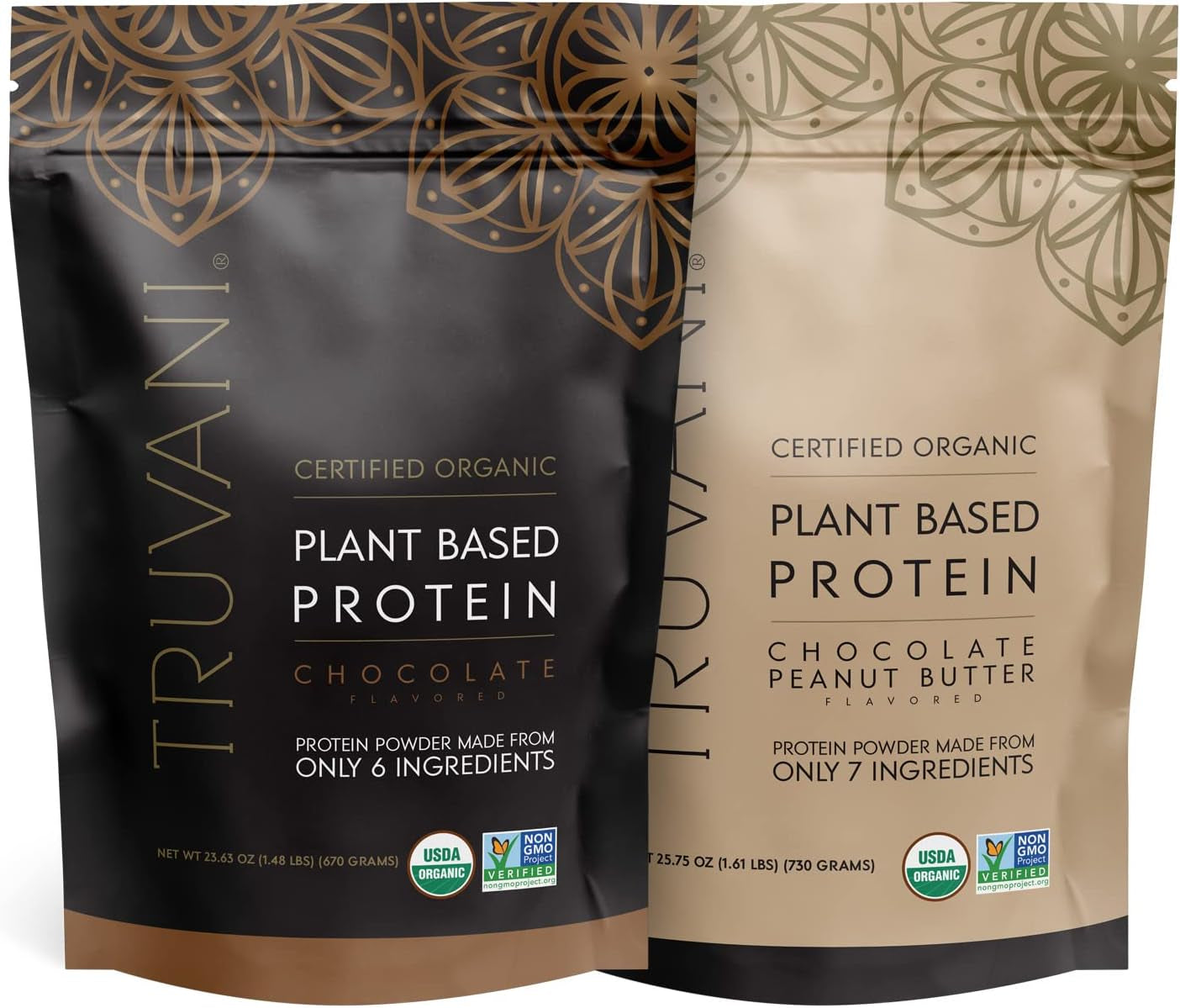 Truvani Plant Based Protein Powder Bundle - USDA Certified Organic, Vegan, Non-Gmo, Dairy Free, Soy Free, & Gluten Free - 2 Packs of 20 Servings Each (Chocolate & Chocolate Peanut Butter)