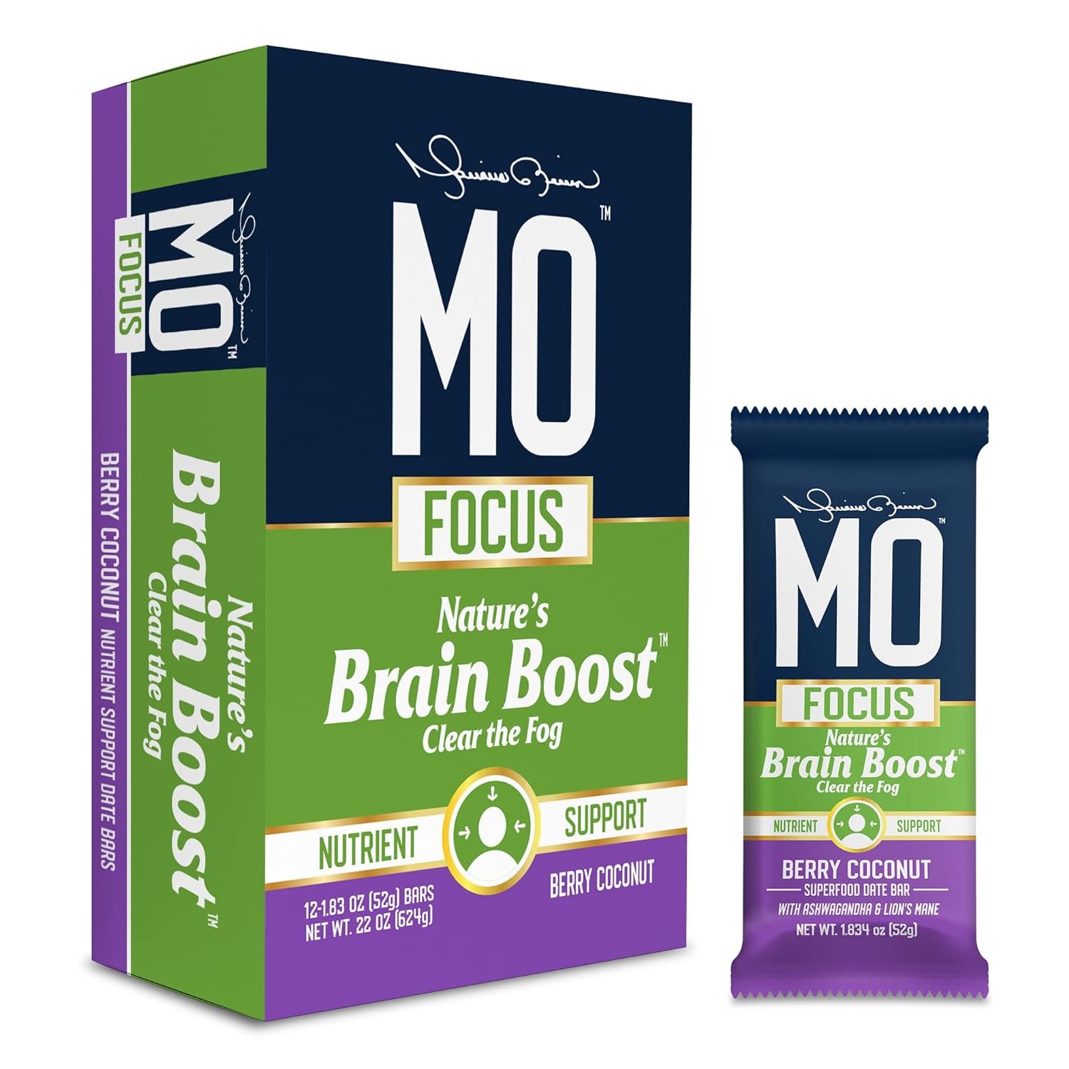 "MO FOCUS" BARS – All-Natural Superfood Date Bar - Brain Boost Snack Bars with Ashwagandha & Lion'S Mane, 52 G (12 Bars in a Box)(Berry Coconut)