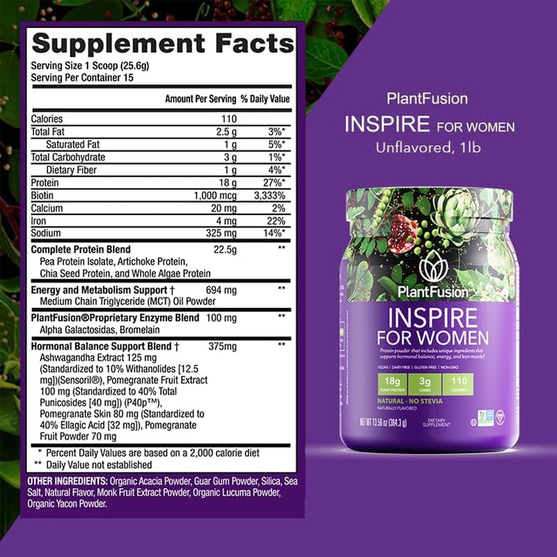 Plantfusion Inspire Plant Protein Powder for Women - Low Carb Protein Powder for Lean Muscle Support - Keto, Gluten Free, Soy Free, Non-Dairy, No Sugar, Non-Gmo - Natural-No Stevia 0.85 Lb