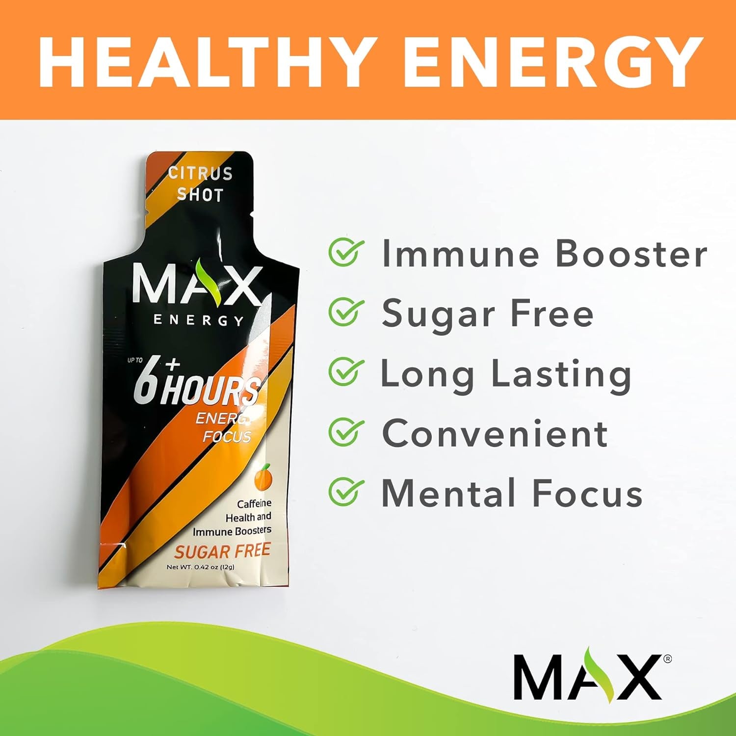 Max Energy Citrus Shot, Healthy Energy & Immune Boosters, Sugar Free, 5 Calories Each, up to 6 Hours of Energy, 10 Pack