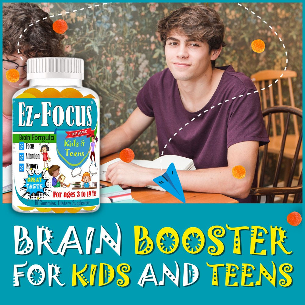 Ez-Focus Kids Brain Focus Chewable Gummies Supplements, Attention & Memory Help Formula for Children and Teens, Natural Omega DHA, Study Task Support