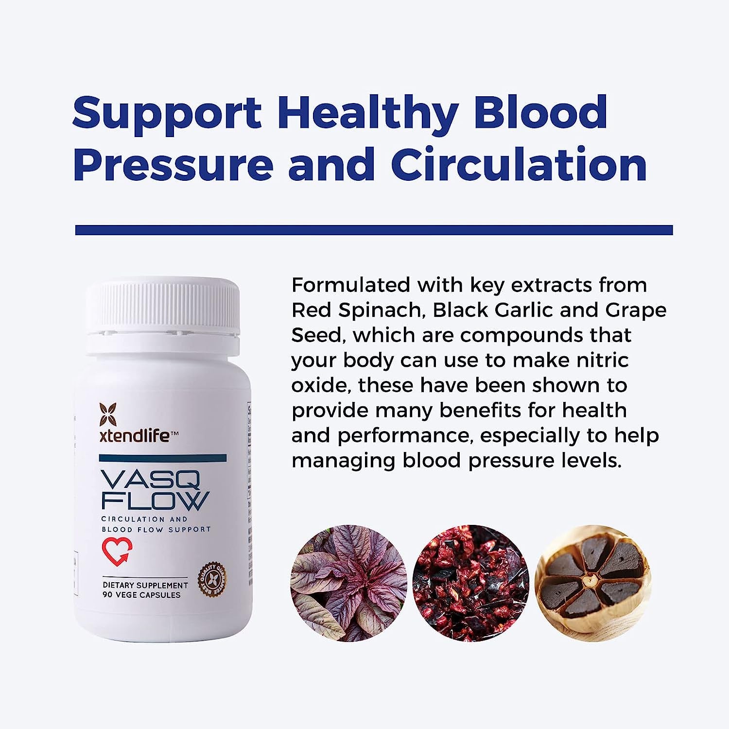 Xtendlife Vasqflow Circulation and Blood Flow Support - Nitric Oxide Supplement to Improve Nitric Oxide, Oxygen Flow, Healthy Blood Pressure & Immunity | 100% Vegan, Non-Gmo (90 Count)